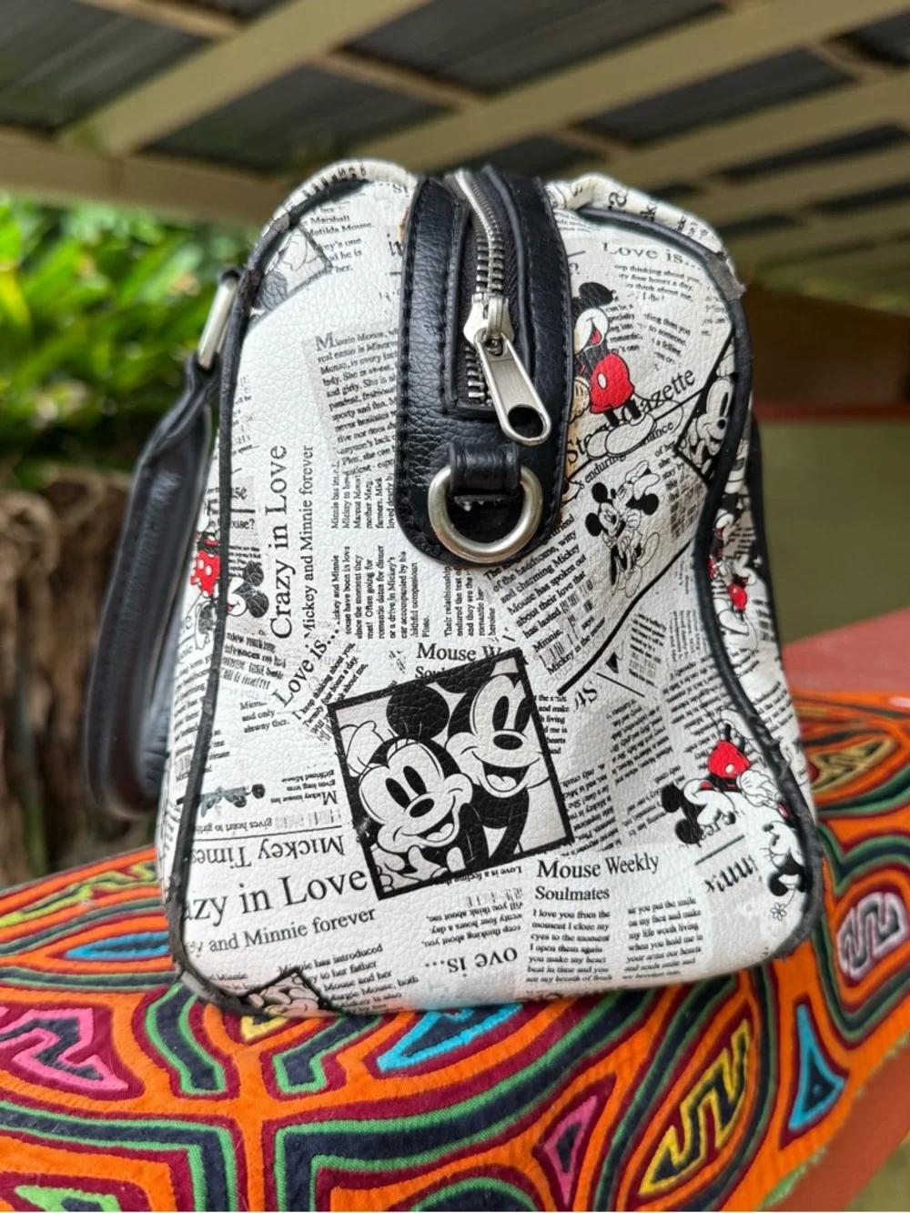 Disney Mickey Minnie‎ Newspaper Print Satchel Handbag Black White Bowling Bag